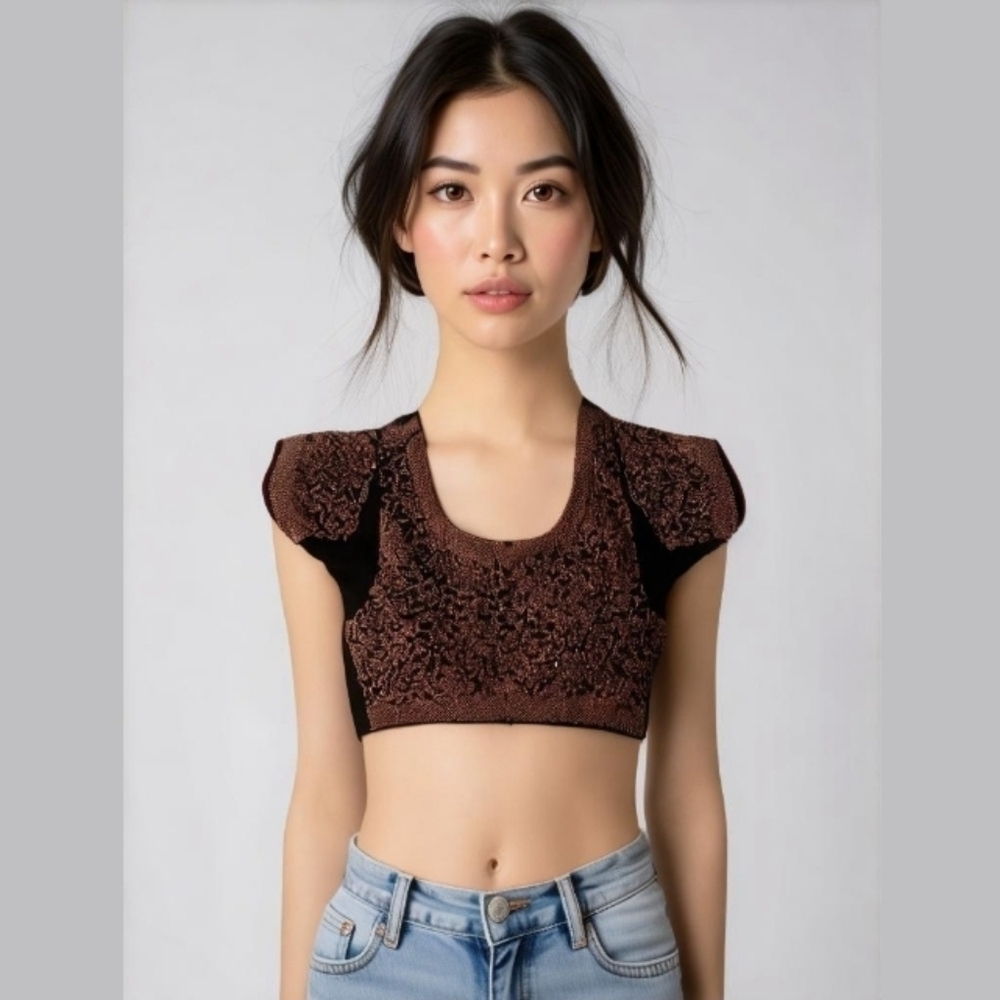 Black, Gold And Red Sequin Embroidered Silk Cropped Top - Size Medium